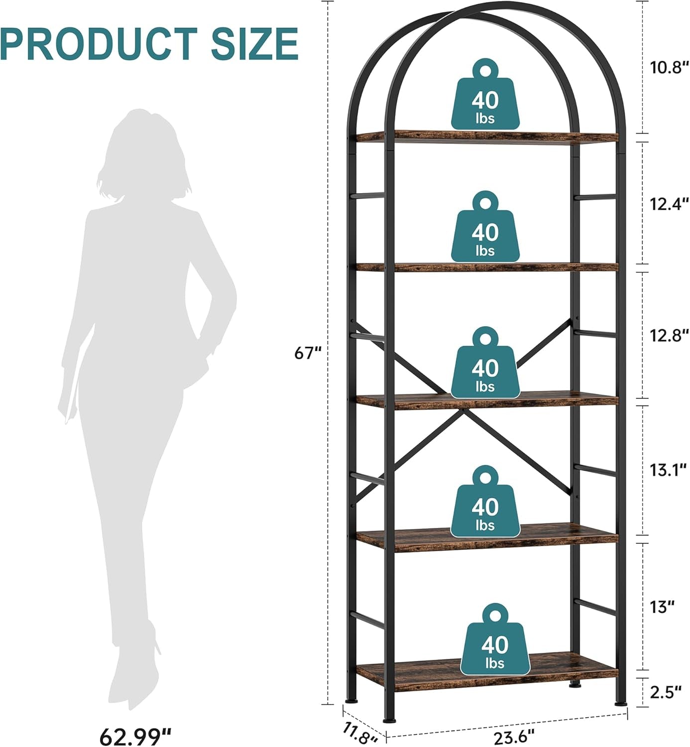 Bookshelf, Arched Bookshelf 5 Tier Bookcase, Tall Shelf for Cds/Books, Home Office Shelf Storage Organizer, Modern Book Shelf for Bedroom/Living Room, Rustic Brown