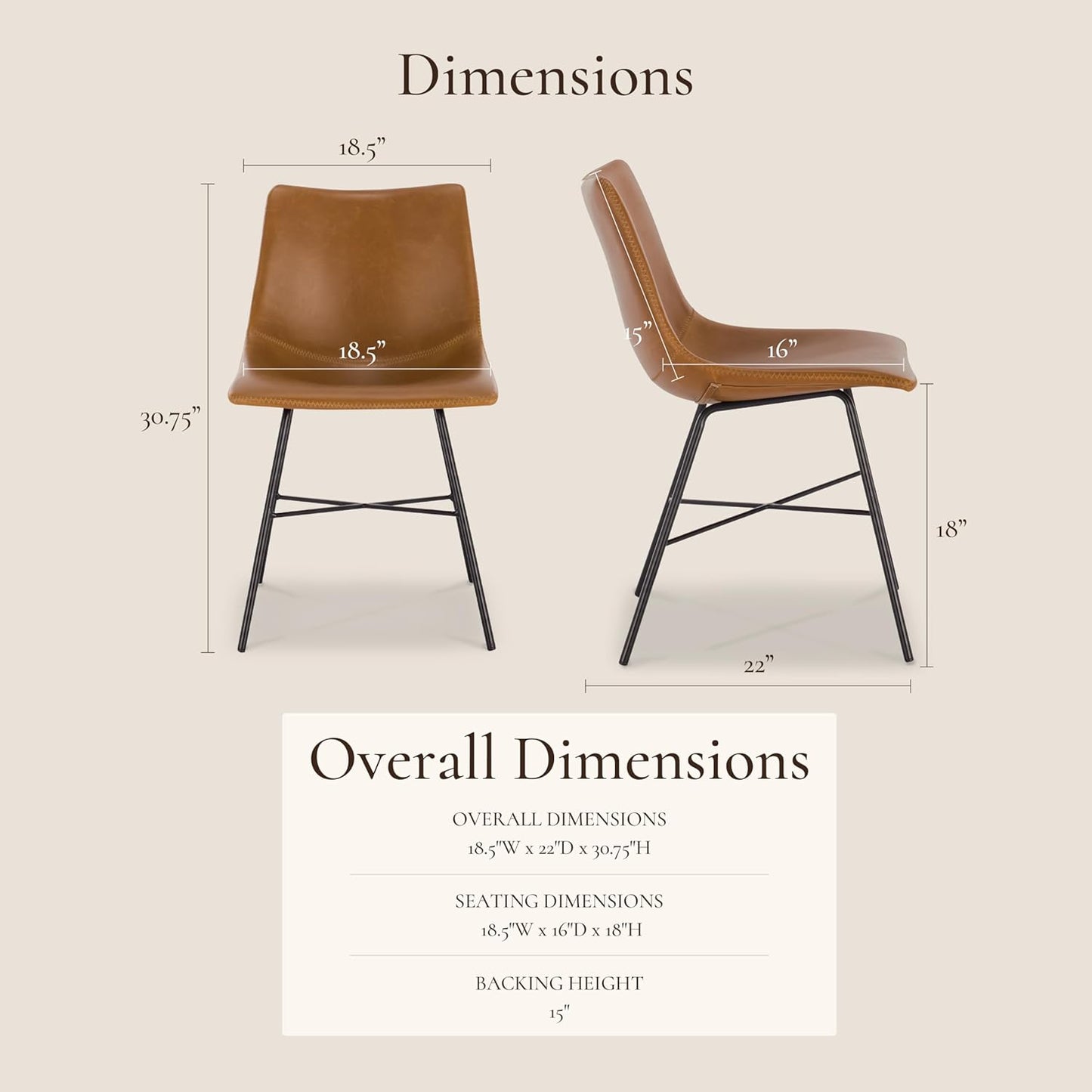Paxton Leather Dining Chairs – Set of 2 Modern Dining Room Chairs with Low Back – Faux Leather Upholstery and Matte Black Steel Base – Comfortable Seating for Stylish Interiors – Tan