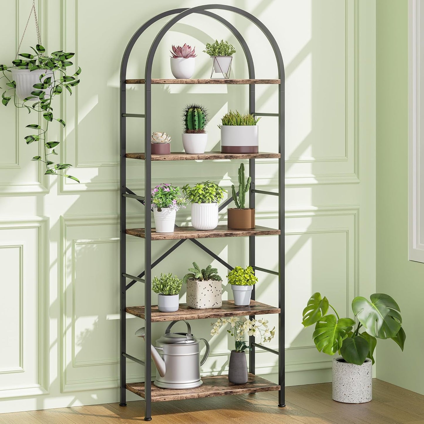 Bookshelf, Arched Bookshelf 5 Tier Bookcase, Tall Shelf for Cds/Books, Home Office Shelf Storage Organizer, Modern Book Shelf for Bedroom/Living Room, Rustic Brown