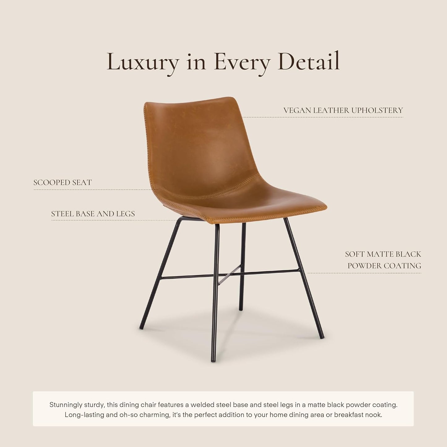Paxton Leather Dining Chairs – Set of 2 Modern Dining Room Chairs with Low Back – Faux Leather Upholstery and Matte Black Steel Base – Comfortable Seating for Stylish Interiors – Tan