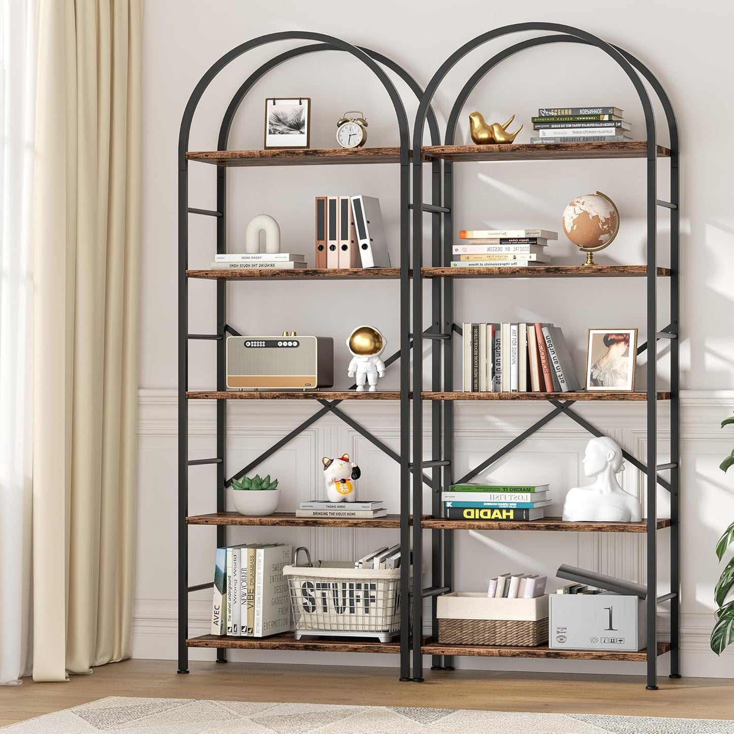 Bookshelf, Arched Bookshelf 5 Tier Bookcase, Tall Shelf for Cds/Books, Home Office Shelf Storage Organizer, Modern Book Shelf for Bedroom/Living Room, Rustic Brown
