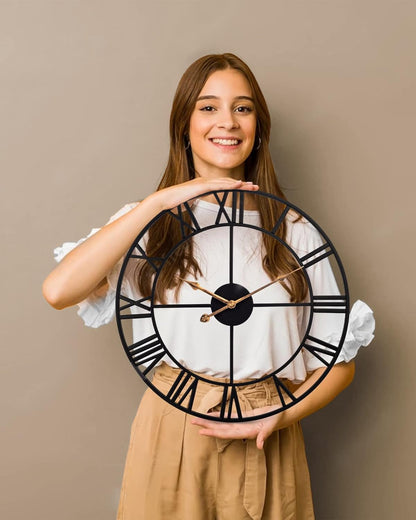 14 Inch Vintage Black Roman Wall Clock, Battery Operated, Silent, Ideal for Living Room, Kitchen, Patio - Black
