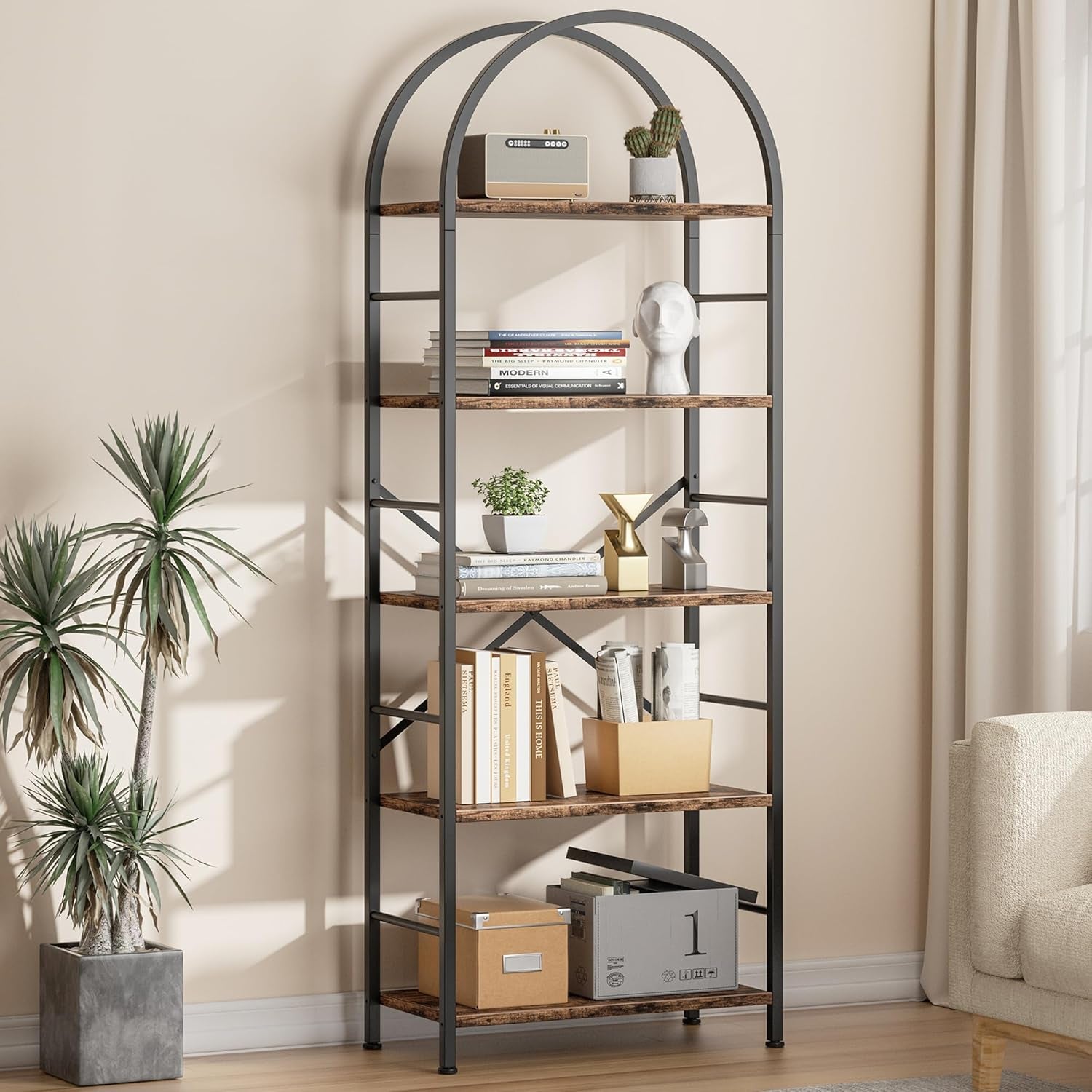 Bookshelf, Arched Bookshelf 5 Tier Bookcase, Tall Shelf for Cds/Books, Home Office Shelf Storage Organizer, Modern Book Shelf for Bedroom/Living Room, Rustic Brown
